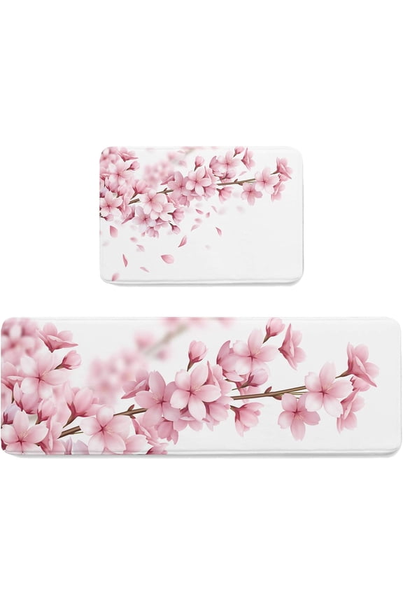 Kitchen Mat Rug Set of 2 Spring Pink Cherry Blossom Japanese Style Runner Rug Anti-Fatigue Comfort Memory Foam Standing Mat Non-Slip Floor Door Mat for Bathroom Bedroom 18x30in+18x48in