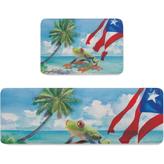 Kitchen Mat Rug Set of 2 Summer Beach Puerto Rico Flag Runner Rug Anti-Fatigue Comfort Memory Foam Standing Mat Non-Slip Floor Door Mat for Bathroom Bedroom 18x30in+18x48in