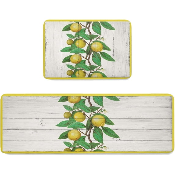 Kitchen Mat Rug Set of 2 Tropical Lemon Summer Fruit Wooden Planks Runner Rug Anti-Fatigue Comfort Memory Foam Standing Mat Non-Slip Floor Door Mat for Bathroom Bedroom 18x30in+18x48in