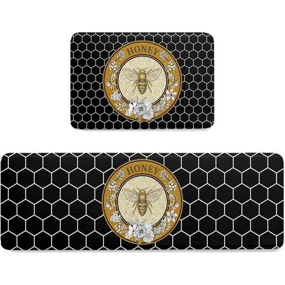Kitchen Mat Rug Set of 2 Vintage Flower Bee Honey Hive Black Background Runner Rug Anti-Fatigue Comfort Memory Foam Standing Mat Non-Slip Floor Door Mat for Bathroom Bedroom 18x30in+18x60in