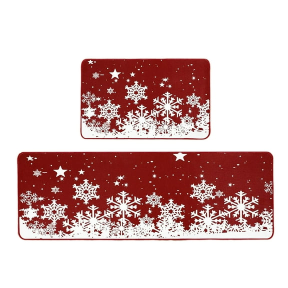 Kitchen Mat Runner, Non Slip Kitchen Rug, 2 Piece Christmas Snowflake Door Mat Set, Red Polyester Rubber Backing, Indoor Floor Mats for Holiday Entryway and Kitchen Decor