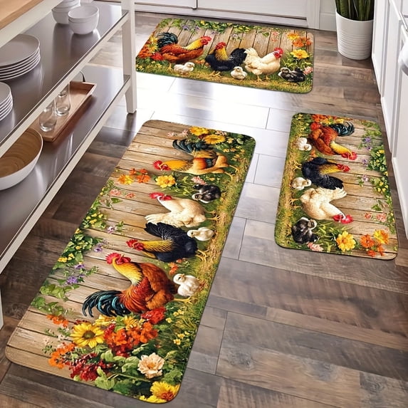 Kitchen Mat Set 2/3 Piece, Vintage country Rooster Rug Farmhouse Non-Slip, Flannel Anti-Stain Soft Cushion Mat for Kitchen Bathroom Living Room Dining Bedroom