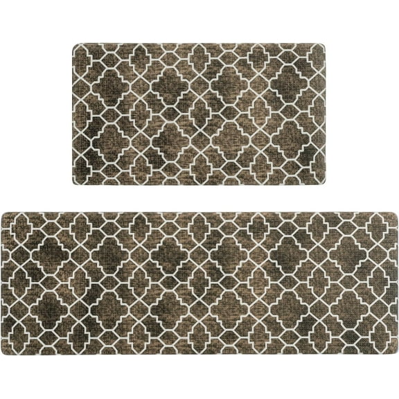 Kitchen Mat Set of 2, Anti-Fatigue Cushioned Kitchen Mats for Floor, Waterproof Non Slip Comfort Standing Mat, Boho Kitchen Rug for Kitchen Decor, Sink, Office, 17"x30"+17"x47", Dark Brown