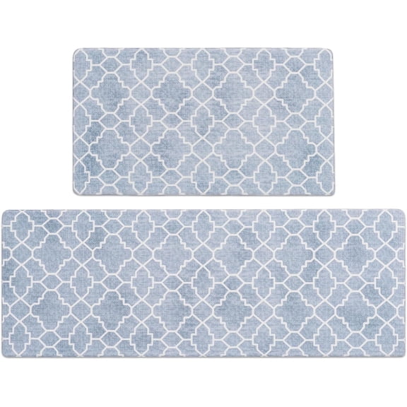 Kitchen Mat Set of 2, Anti-Fatigue Cushioned Kitchen Mats for Floor, Waterproof Non Slip Comfort Standing Mat, Boho Kitchen Rug for Kitchen Decor, Sink, Office, 17"x30"+17"x47", Lake Blue