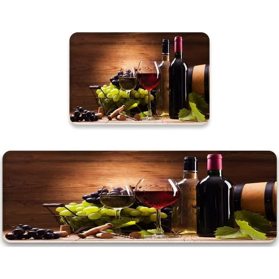Kitchen Mat Set of 2 Glasses of Red and White Wine Served with Grapes on Wooden Rustic Floor Mats Non Slip Doormat Washable Kitchen Rug and Mats Anti Fatigue Cushioned Area Runner Rugs for Sink