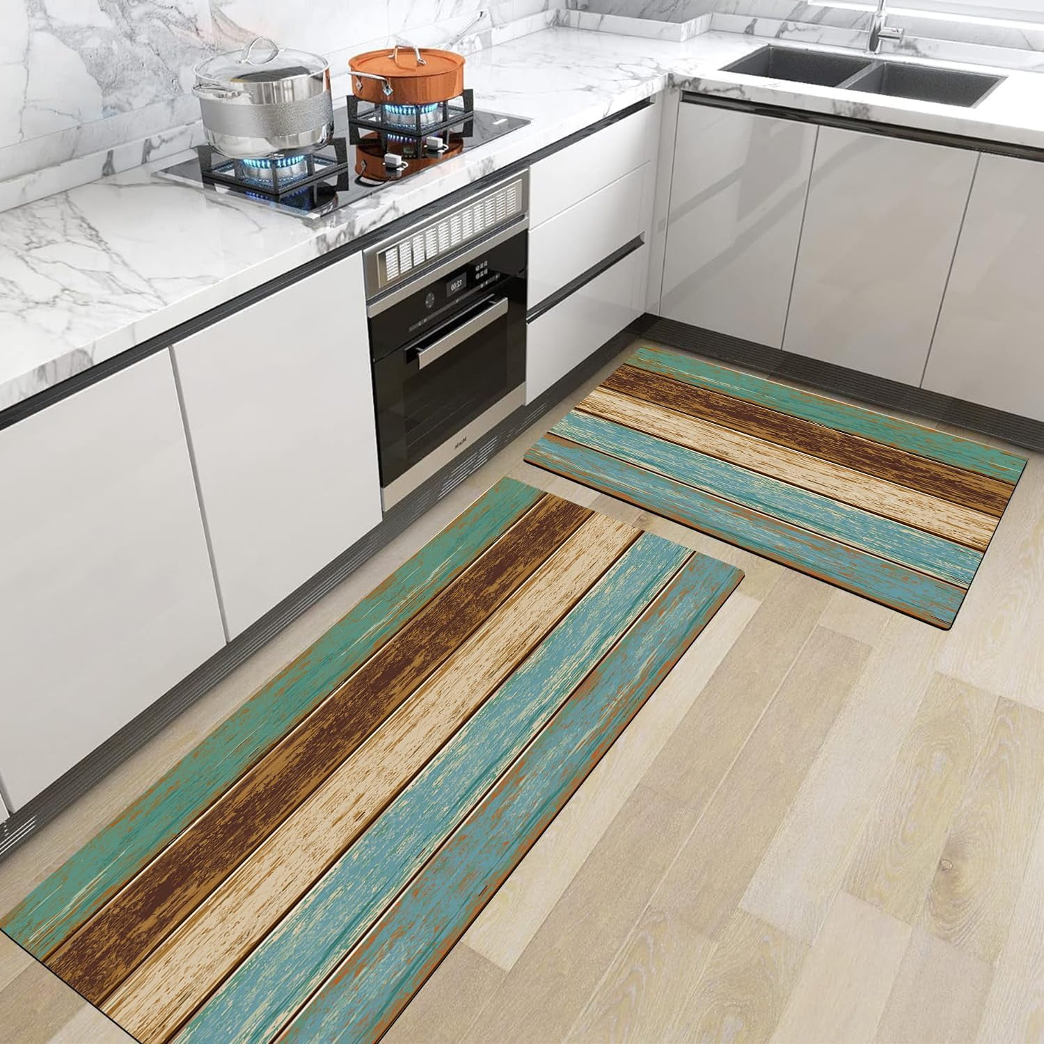 Kitchen Mat Set of 2 Non Slip Thick Kitchen Rugs and Mats Wood Texture ...