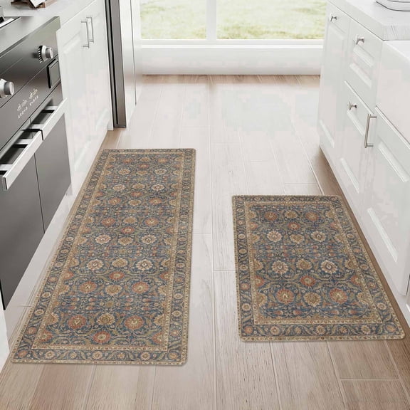 Kitchen Mat Set of 2 Non Slip Washable Waterproof Kitchen Rugs 17"x28" + 17"x48", Vintage Floor Mats for Sink, Laundry Room & Entryway