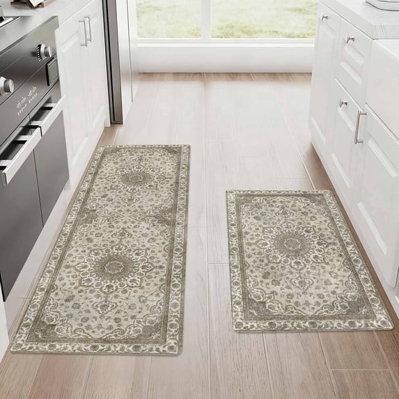 Kitchen Mat Set of 2 Non Slip Waterproof Kitchen Rugs 17"x28" + 17"x48", Washable Low Profile Floor Mats, Vintage Medallion Soft Kitchen Mats for Sink, Laundry Room & Entryway