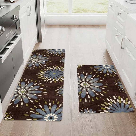 Kitchen Mat Set of 2 Non Slip Waterproof Kitchen Rugs, Washable Low Profile Floor Mats 17"x28" + 17"x48", Modern Floral Botanical Pattern Soft Mats for Sink, Laundry Room, Entryway, Brown