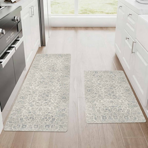 Kitchen Mat Set of 2 Non Slip Waterproof Kitchen Rugs, Washable Low Profile Floor Mats 17"x28" + 17"x48", Oriental Medallion Soft Mats for Sink, Laundry Room & Entryway