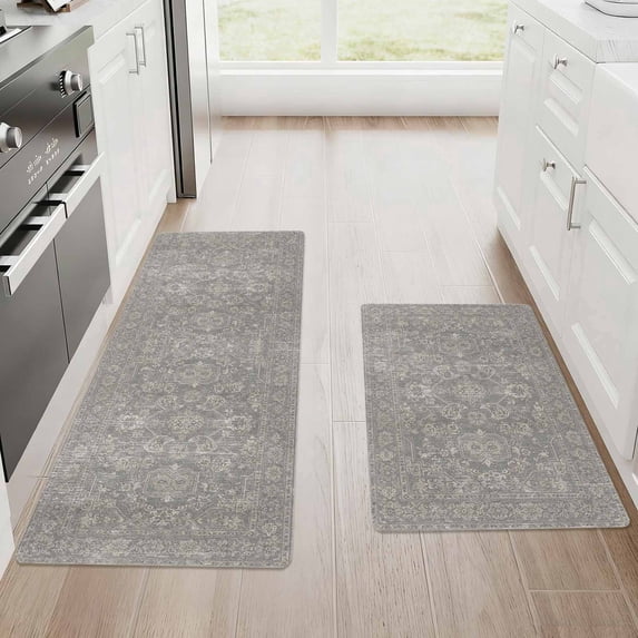 Kitchen Mat Set of 2 Non Slip Waterproof Kitchen Rugs, Washable Low Profile Floor Mats 17"x28" + 17"x48", Oriental Medallion Soft Mats for Sink, Laundry Room & Entryway