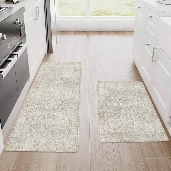 Kitchen Mat Set of 2 Non Slip Waterproof Kitchen Rugs, Washable Low Profile Floor Mats 17"x28" + 17"x48", Oriental Medallion Soft Mats for Sink, Laundry Room & Entryway
