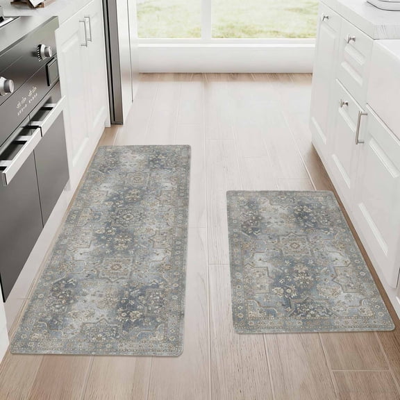 Kitchen Mat Set of 2 Non Slip Waterproof Kitchen Rugs, Washable Low Profile Floor Mats 17"x28" + 17"x48", Oriental Medallion Soft Mats for Sink, Laundry Room & Entryway