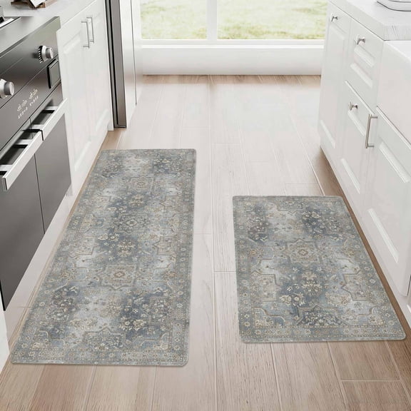 Kitchen Mat Set of 2 Non Slip Waterproof Kitchen Rugs, Washable Low Profile Floor Mats 17"x28" + 17"x48", Oriental Medallion Soft Mats for Sink, Laundry Room & Entryway