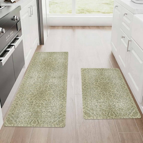 Kitchen Mat Set of 2 Non Slip Waterproof Kitchen Rugs, Washable Low Profile Floor Mats 17"x28" + 17"x48", Oriental Medallion Soft Mats for Sink, Laundry Room & Entryway