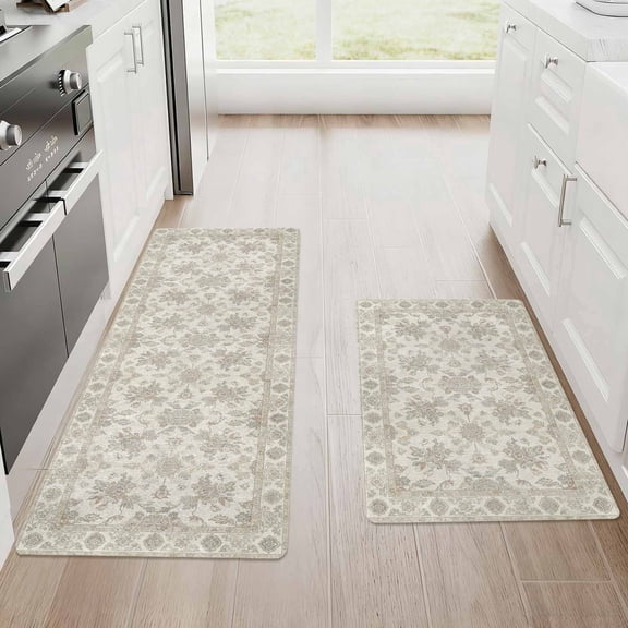 Kitchen Mat Set of 2 Non Slip Waterproof Kitchen Rugs, Washable Low Profile Floor Mats 17"x28" + 17"x48", Vintage Medallion Soft Kitchen Mats for Kitchen Sink, Laundry Room & Entryway