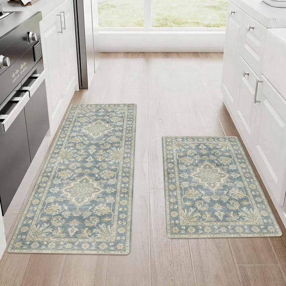 Kitchen Mat Set of 2 Non Slip Waterproof Kitchen Rugs, Washable Low Profile Floor Mats 17"x28" + 17"x48", Vintage Medallion Soft Kitchen Mats for Kitchen Sink, Laundry Room & Entryway