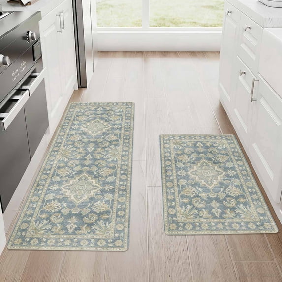 Kitchen Mat Set of 2 Non Slip Waterproof Kitchen Rugs, Washable Low Profile Floor Mats 17"x28" + 17"x48", Vintage Medallion Soft Kitchen Mats for Kitchen Sink, Laundry Room & Entryway
