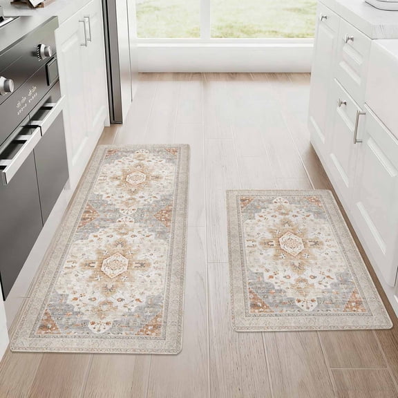 Kitchen Mat Set of 2 Non Slip Waterproof Kitchen Rugs, Washable Low Profile Floor Mats 17"x28" + 17"x48", Vintage Medallion Soft Kitchen Mats for Kitchen Sink, Laundry Room & Entryway