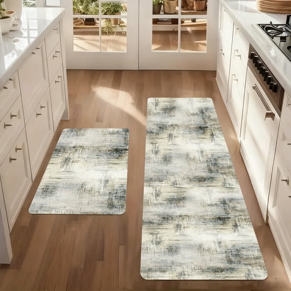 Kitchen Mat Set of 2 Non Slip Waterproof Kitchen Rugs, Washable Low Profile Floor Mats 17"x28" + 17"x48", Modern Abstract Textured Design Soft Mats for Sink, Laundry Room & Entryway