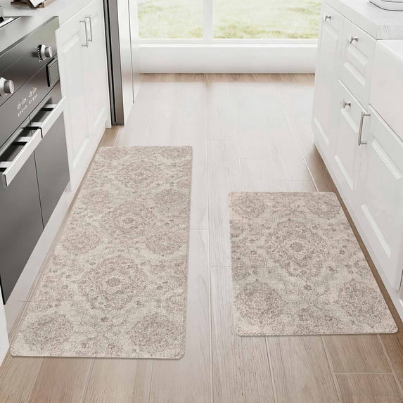 SAND KEEPER Kitchen Mat Set of 2 Non Slip Waterproof Washable Low Profile Kitchen Runner Rugs 17"x28" + 17"x48", Vintage Medallion Soft Floor Mats for Sink, Laundry Room, Entryway