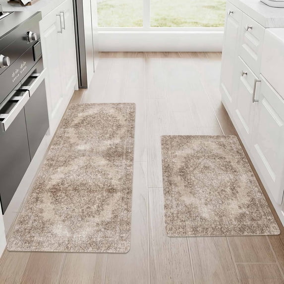 SAND KEEPER Kitchen Mat Set of 2 Non Slip Waterproof Washable Low Profile Kitchen Runner Rugs 17"x28" + 17"x48", Vintage Medallion Soft Floor Mats for Sink, Laundry Room, Entryway