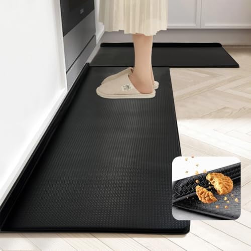 Kitchen Mat Set of 2 PCS, Non Slip Anti-Fatigue Cushioned Rugs for Kitchen Floor, Dust-Proof Memory Foam Runner Comfort Standing Mats for Office, Home (Black, 17"x30"+17"x50")