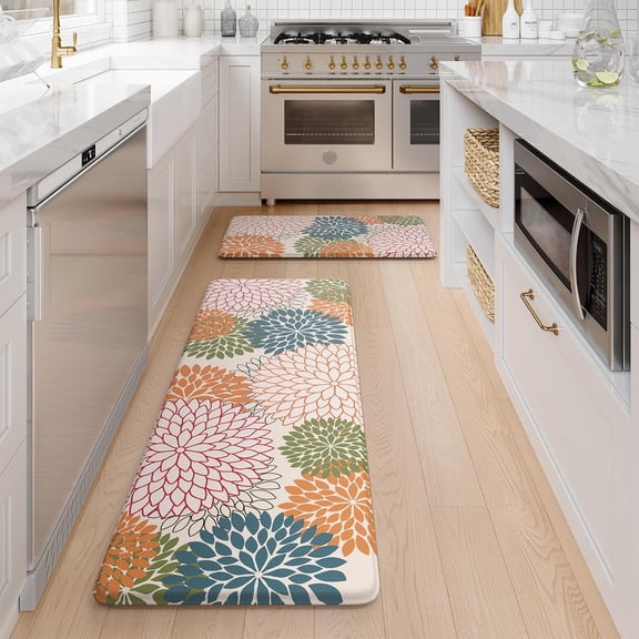 Kitchen Mat Set, 2-Pack Floral Comfort Foam - Anti-Fatigue Non-Skid Waterproof Mat for Home Cooks & Office Workers