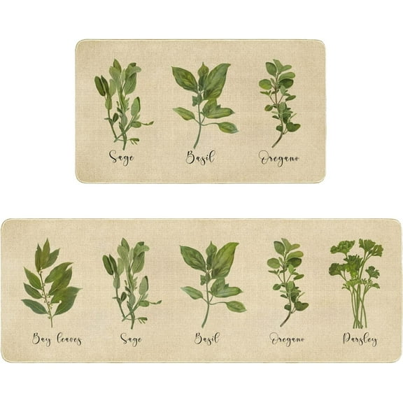 Kitchen Mat Set of 2,Parsley Sage Oregano Basil Bay Leaves Kitchen Rugs and Mats Non Skid Washable,Rustic Kitchen Runner Rugs with Rubber Backing (17"x48"+17"x30")