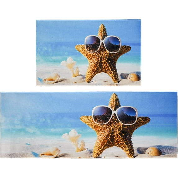 Kitchen Mat Set of 2 Pieces Beach Anti Fatigue Floor Mat, Beach Kitchen Rug Beach Rug Sets Waterproof & Non-Slip Comfort Standing Mats for Kitchen, Sink, Laundry, Bathroom