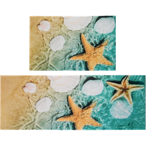 Kitchen Mat Set of 2 Pieces Beach Anti Fatigue Floor Mat, Beach Kitchen Rug Beach Rug Sets Waterproof & Non-Slip Comfort Standing Mats for Kitchen, Sink, Laundry, Bathroom