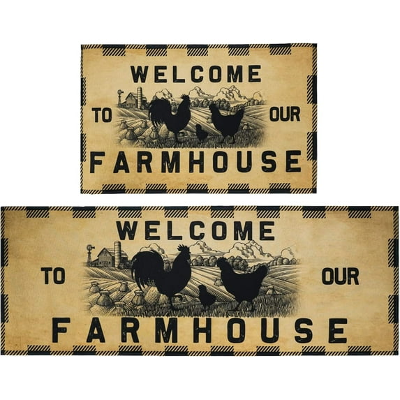 Kitchen Mat Set of 2 Pieces Farmhouse Anti Fatigue Floor Mat, Rooster Kitchen Rug Buffalo PlaidRug Sets Waterproof & Non-Slip Comfort Standing Mats for Kitchen, Sink, Laundry Fall or Farmhouse