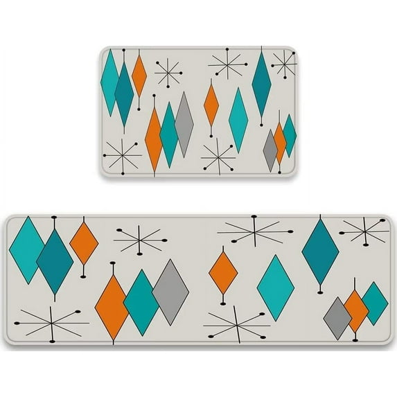 Kitchen Mat Set 2 Pieces Mid-Century Modern Diamond Pattern Kitchen Rugs Panel Non-Slip Door Mat Durable Retro Prismatic Kitchen Runner Rug Decor Carpet Kitchen Rugs and Mats Washable Floor Mats
