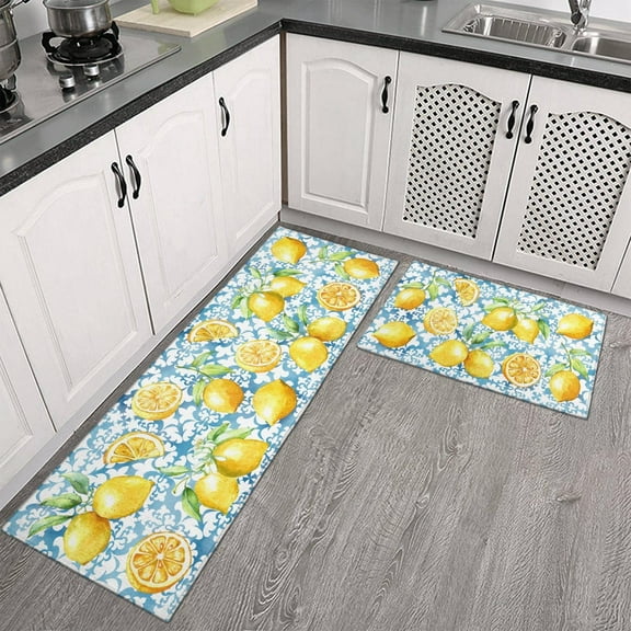 Kitchen Mat Set of 2 Non Slip Lemon Kitchen Runner Rug Farmhouse Floor Mat for Home Kitchen Decor-17*24 + 17*47 inches