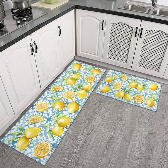 Kitchen Mat Set of 2 Non Slip Lemon Kitchen Runner Rug Farmhouse Floor Mat for Home Kitchen Decor-17*24 + 17*47 inches