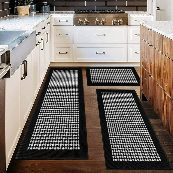 Kitchen Mat Sets 3 Piece Minimalist 3D Lattice Kitchen Floor Rugs with Non Slip Rubber Backing Machine Washable Farmhouse Runner Rugs for Halloween Laundry Hallway Doormat(Black&White)