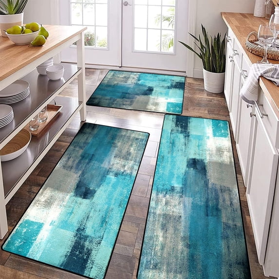 Kitchen Mat Turquoise Kitchen Rugs Sets 3PCS Grey Abstract Art 20"X32"+20"X48"+20"X59"Kitchen Mats for Floor Washable Non-Slip Kitchen Floor Mats Decor Dining Room Office Sink Laundry