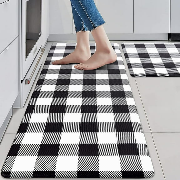 Kitchen Mats 2 PCS Anti Fatigue Kitchen Rugs Non Skid Waterproof Kitchen Floor Mat Cushioned Black and White Kitchen Rugs Farmhouse Comfort Standing Kitchen Mats for Floor, House, Sink, Office