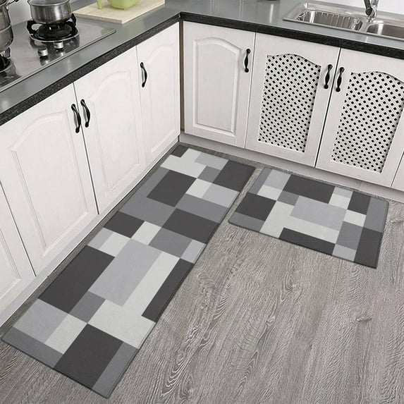 Kitchen Mats 2 PCS Anti Fatigue Kitchen Rugs Non Skid Waterproof Kitchen Floor Mat Cushioned Black and Grey Kitchen Rugs Farmhouse Comfort Standing Kitchen Mats for Floor, House, Sink, Office