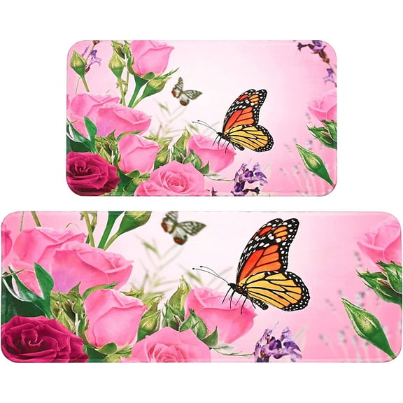 Kitchen Mats 2 PCS, Boho Floral Kitchen Rugs, Flower Butterfly Kitchen Rugs and Mats, Anti-Slip Washable Kitchen Mats, Anti Fatigue Mats for Kitchen Floor, 17"x30"+17"x47"