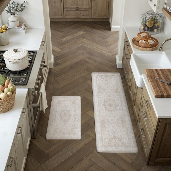 Kitchen Mats 2-Piece Anti-Fatigue Cushioned Mat, Beige Vintage Kitchen Mats for Floor, Waterproof Non-Slip, Comfort Standing, Oriental Medallion Rug for Sink, Laundry, Office, 17.3"x59" + 17.3"x30"