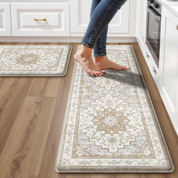 Kitchen Mats 2 Piece Set Beige Tan 17.3"x28"+17.3"x47" Standing Sink Laundry Use