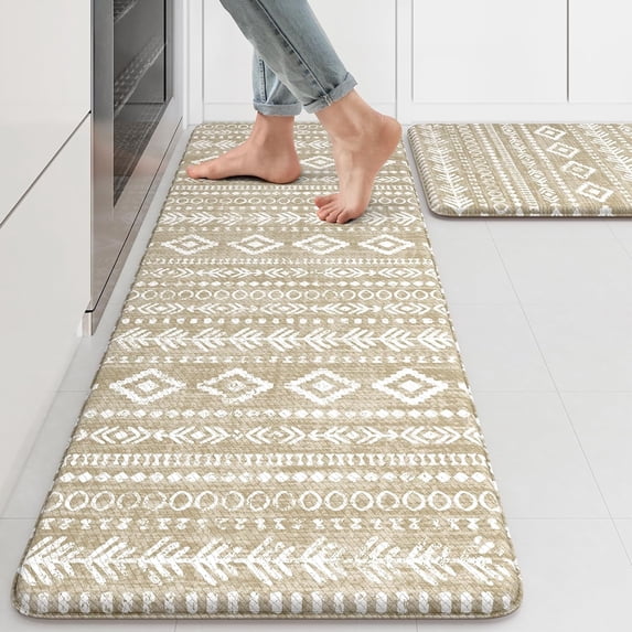 Kitchen Mats 2PCS,Cushioned Anti Fatigue Boho Kitchen Rugs and Mats,Non Slip Waterproof Kitchen Mats for Floor,Comfort Foam Standing Desk Mat for Home,Office,Sink,Laundry,Khaki and White