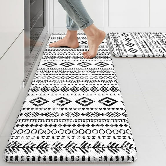 Kitchen Mats 2PCS,Cushioned Anti Fatigue Boho Kitchen Rugs and Mats,Waterproof Kitchen Mats for Floor Non Slip,Comfort Foam Standing Desk Mat for Kitchen Sink,Office,Laundry,Black and White