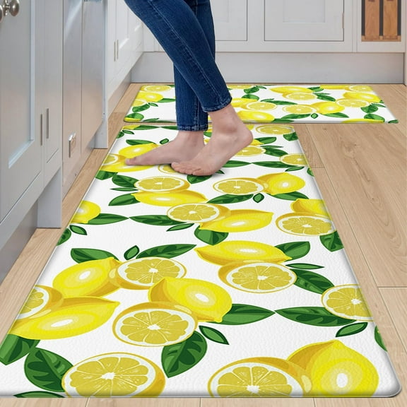 Kitchen Mats 2PCS,White Lemon Waterproof Non-Slip Kitchen Mats and Rugs,Cushioned Anti Fatigue Ergonomic Comfort Foam Standing Mat for Home,Office,Sink,Laundry,Desk
