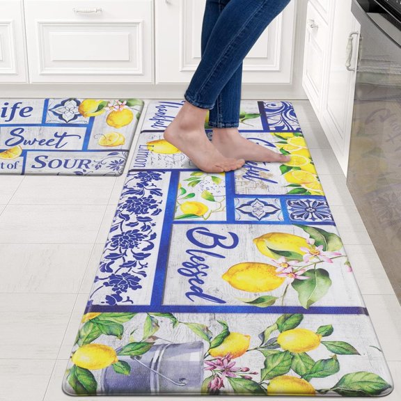 Kitchen Mats - 2Pcs Set: Anti Fatigue, Non Slip, Lemon Print Design, Washable for Kitchen & Home Floor, 18''x30''+18''x48''