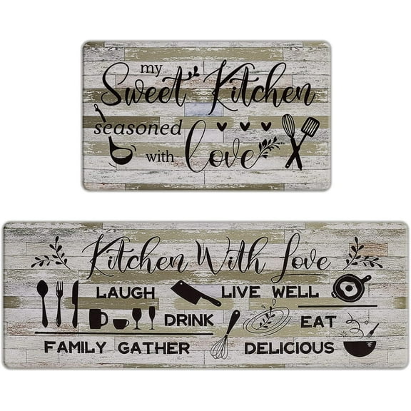 Kitchen Mats Cushioned Anti Fatigue 2 Piece Set Farmhouse, Rustic Kitchen Rugs Non Slip Washable, Waterproof Wooden Rugs for Kitchen Floor Mats for in Front of Sink, 18'''' x 48'''' + 18'''' x 30''''