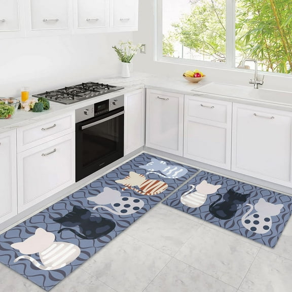 Kitchen Mats Cushioned Anti Fatigue 2 Piece Set, Waterproof Kitchen Mats for Floor Anti Fatigue, Cat Rug for Kitchen Floor Sink Area and Padded Kitchen Mat for Home Kitchen Decor 17"x30"+17"x47"
