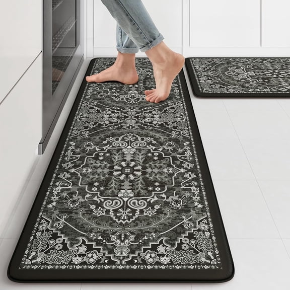 Kitchen Mats Cushioned Anti Fatigue, Boho Vintage Kitchen Rugs Sets of 2, Non Slip Kitchen Mats for Floor, Memory Foam Kitchen Floor Mat for Sink Laundry Desk Black Multi 17"x47"+17"x29"