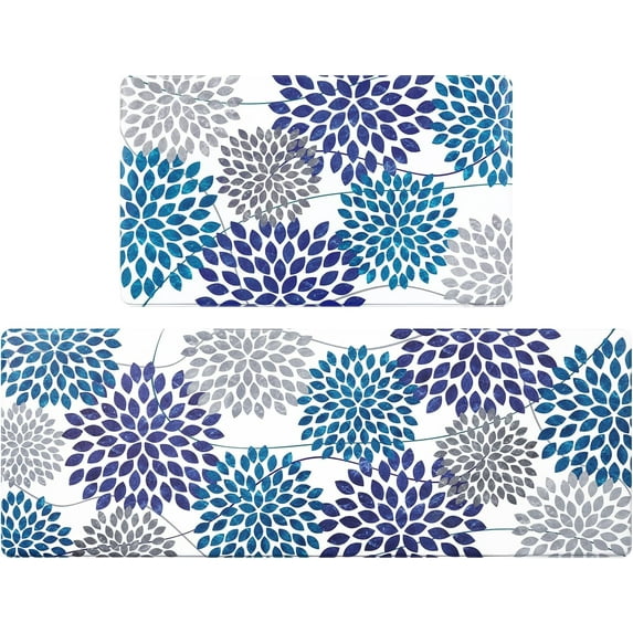 Kitchen Mats for Floor [2 PCS] Anti-Fatigue Comfort Kitchen Rugs, Boho Flower Cushioned Waterproof Kitchen Decor Mat Thick, Standing Floor Mats for Home/Office, 18''''x30''''+18''''x48''''(Blue)